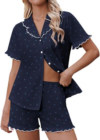 Ekouaer Pajamas for Women Sets Cute Pjs Button Down 2 Piece Short Sleeve Ruffle Lounge Set Sleepwear in Kuwait