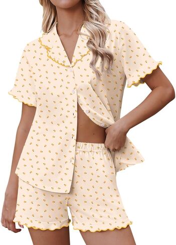 Ekouaer Pajamas for Women Sets Cute Pjs Button Down 2 Piece Short Sleeve Ruffle Lounge Set Sleepwear in Kuwait