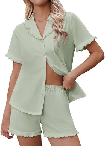 Ekouaer Pajamas for Women Sets Cute Pjs Button Down 2 Piece Short Sleeve Ruffle Lounge Set Sleepwear in Kuwait