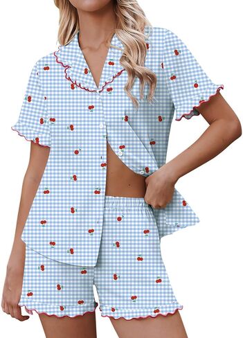 Ekouaer Pajamas for Women Sets Cute Pjs Button Down 2 Piece Short Sleeve Ruffle Lounge Set Sleepwear in Kuwait