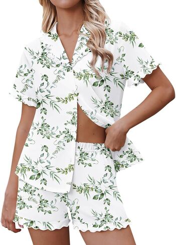 Ekouaer Pajamas for Women Sets Cute Pjs Button Down 2 Piece Short Sleeve Ruffle Lounge Set Sleepwear in Kuwait