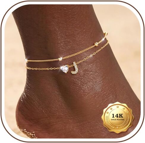Kakonia Double Layer Initial Anklet for Women, 14K Gold Plated Heart Ankle Bracelet, Personalized A-Z Letter, Waterproof Non Tarnish Cubic Zirconia Dainty Adjustable Summer Beach Jewelry Gift in Saudi Arabia