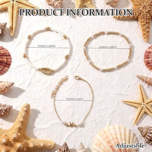 36 Pcs Shell Beach Anklet Set for Women Gold Plated Summer Jewelry Boho Layered Anklet Set with Starfish, Pearl & Puka Beads Adjustable Waterproof Beach Bracelets for Summer Hawaiian Luau Party Gift in Saudi Arabia