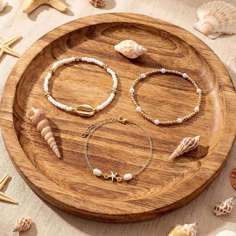 36 Pcs Shell Beach Anklet Set for Women Gold Plated Summer Jewelry Boho Layered Anklet Set with Starfish, Pearl & Puka Beads Adjustable Waterproof Beach Bracelets for Summer Hawaiian Luau Party Gift in Saudi Arabia