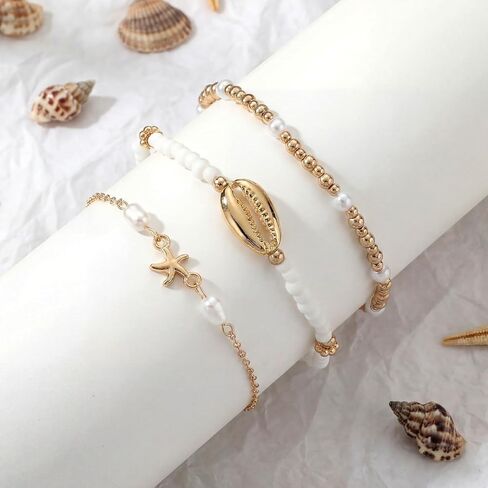 36 Pcs Shell Beach Anklet Set for Women Gold Plated Summer Jewelry Boho Layered Anklet Set with Starfish, Pearl & Puka Beads Adjustable Waterproof Beach Bracelets for Summer Hawaiian Luau Party Gift in Saudi Arabia