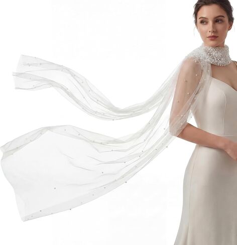 Cuffbow 142 Inch Pearl Tulle Bridal Neck Scarf Ivory Glitter Bridal Scarf Bride Neck Shawl Floor-length for Wedding Evening Ceremony Reception Evening Accessory in Saudi Arabia