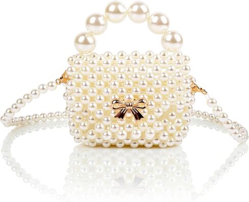 Girls Toddler Pearl Purse - Kids Pearl Bow Bag, Mini Bowknot Purse, Little Princess Beaded Clutch, Cute Crossbody Purses Handbag With Pearl Handle for Women Teen Wedding Party Favors and Baby Gifts in Kuwait