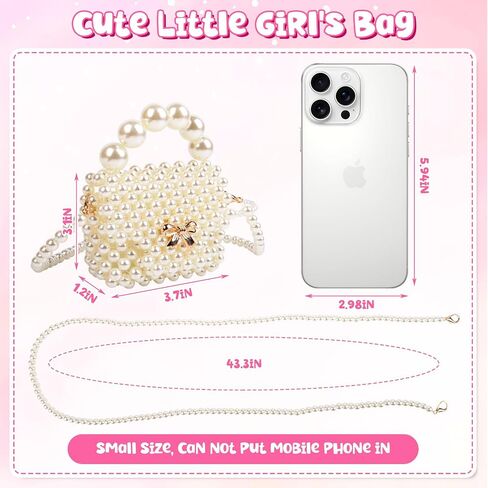 Girls Toddler Pearl Purse - Kids Pearl Bow Bag, Mini Bowknot Purse, Little Princess Beaded Clutch, Cute Crossbody Purses Handbag With Pearl Handle for Women Teen Wedding Party Favors and Baby Gifts in Kuwait