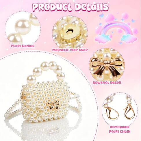 Girls Toddler Pearl Purse - Kids Pearl Bow Bag, Mini Bowknot Purse, Little Princess Beaded Clutch, Cute Crossbody Purses Handbag With Pearl Handle for Women Teen Wedding Party Favors and Baby Gifts in Kuwait