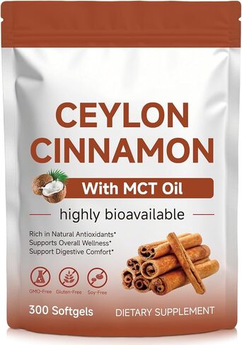 Ceylon Cinnamon - 300 Softgels with MCT Oil - Highly Bioavailable Herbal Supplement Made with True Ceylon Cinnamon, Supports Overall Wellness, Non-GMO, Gluten Free in Saudi Arabia
