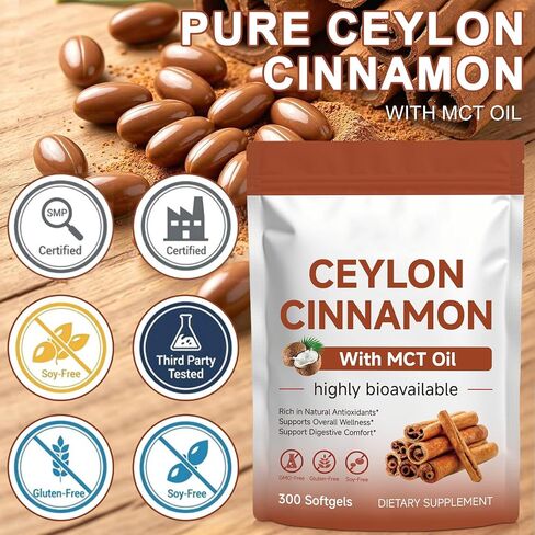 Ceylon Cinnamon - 300 Softgels with MCT Oil - Highly Bioavailable Herbal Supplement Made with True Ceylon Cinnamon, Supports Overall Wellness, Non-GMO, Gluten Free in Saudi Arabia