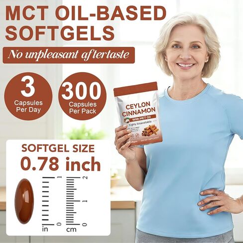 Ceylon Cinnamon - 300 Softgels with MCT Oil - Highly Bioavailable Herbal Supplement Made with True Ceylon Cinnamon, Supports Overall Wellness, Non-GMO, Gluten Free in Saudi Arabia
