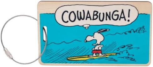 Peanuts “Cowabunga!" Wooden Bag Tag, FSC-Certified Snoopy Surfing Luggage Tag with ID Card, Official Peanuts Christmas Ornaments-Style Travel Accessory and Snoopy Gift Made in USA by LaserMach in Saudi Arabia