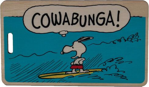 Peanuts “Cowabunga!" Wooden Bag Tag, FSC-Certified Snoopy Surfing Luggage Tag with ID Card, Official Peanuts Christmas Ornaments-Style Travel Accessory and Snoopy Gift Made in USA by LaserMach in Saudi Arabia