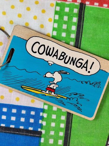 Peanuts “Cowabunga!" Wooden Bag Tag, FSC-Certified Snoopy Surfing Luggage Tag with ID Card, Official Peanuts Christmas Ornaments-Style Travel Accessory and Snoopy Gift Made in USA by LaserMach in Saudi Arabia