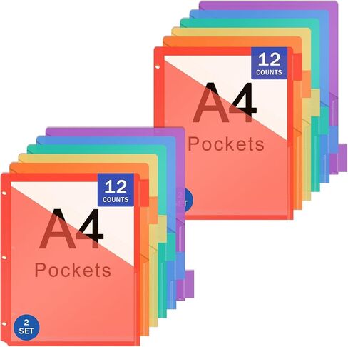 Plastic Binder Dividers with Pockets, 2 Pack of 6 Tab Multicolor Dividers for 3 Ring Binders, Big Insertable Tabs, Works with Sheet Protectors in Kuwait