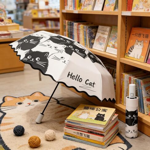 Cute Cat Mini Umbrella,Compact Cat Umbrella - Automatic Folding, Dual-Use Rain and Sun Protection, Black Coating Anti-UV, Windproof, Lightweight, Portable Travel Companion for Men and Women in Kuwait