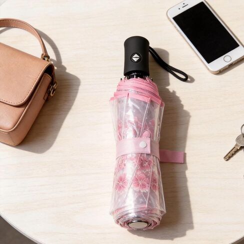 Clear Folding Umbrella 11-Inch, Compact Transparent with Pink Cherry Blossom Design, Windproof for Rainy Days, Suitable for Daily Outdoor Use for Men & Women in Saudi Arabia