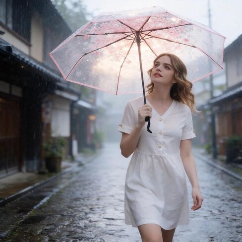 Clear Folding Umbrella 11-Inch, Compact Transparent with Pink Cherry Blossom Design, Windproof for Rainy Days, Suitable for Daily Outdoor Use for Men & Women in Saudi Arabia