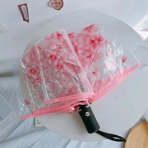Clear Folding Umbrella 11-Inch, Compact Transparent with Pink Cherry Blossom Design, Windproof for Rainy Days, Suitable for Daily Outdoor Use for Men & Women in Saudi Arabia
