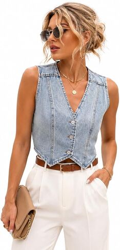 Women Denim Vest Button Down Sleeveless Jean Vest Top Y2K Cropped Cowgirl Western Outfits in Saudi Arabia