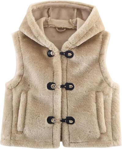 Chevara Women’s Fuzzy Faux Fur Vest Snap Button Up Hooded Gilet Waistcoat With Pockets in Saudi Arabia