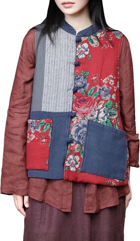 Women's Cotton Linen Quilted Vest Retro Floral Patchwork Padded Waistcoat with Stand Collar Handmade Frog Buttons in Saudi Arabia
