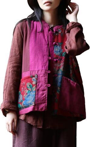 Women's Cotton Linen Quilted Vest Retro Floral Patchwork Padded Waistcoat with Stand Collar Handmade Frog Buttons in Saudi Arabia