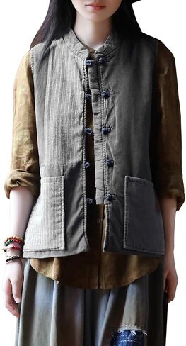 Women's Cotton Linen Quilted Vest Retro Floral Patchwork Padded Waistcoat with Stand Collar Handmade Frog Buttons in Saudi Arabia