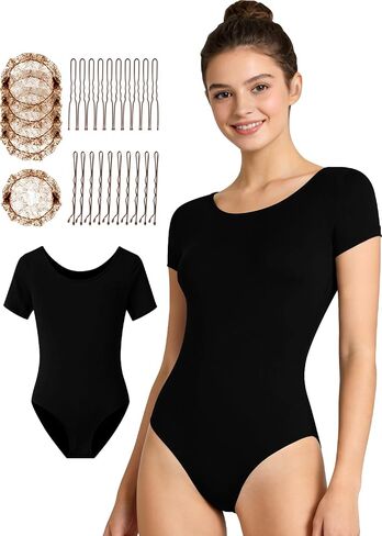 Women's Short Sleeve Black Ballet Leotard for Dance, 5pcs Dance Hairnets & 20pcs Hair Pins in Kuwait