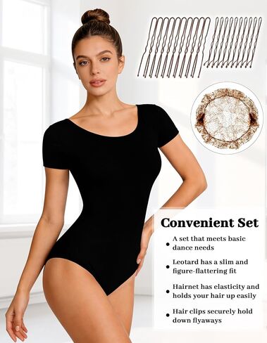 Women's Short Sleeve Black Ballet Leotard for Dance, 5pcs Dance Hairnets & 20pcs Hair Pins in Kuwait