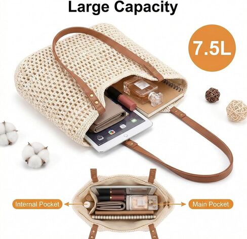 Crochet Beach Bags for Women, Beach Purse, Boho Woven Tote with Leak-Proof Lining for Summer Vacation Travel Casual Shoulder Bag Soft in Saudi Arabia