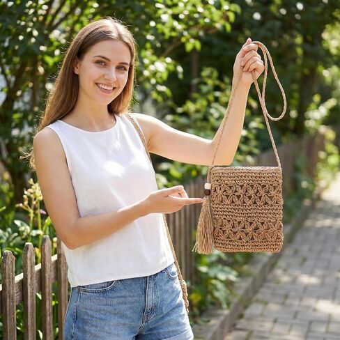 Handwoven Crochet Bag for Women Summer, Boho Woven Macrame Tote Shoulder Purse with Tassels, Vacation Beach Casual Travel Handbag in Kuwait