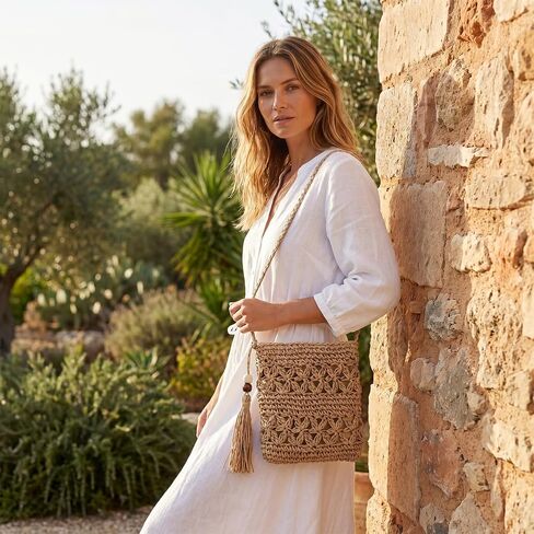 Handwoven Crochet Bag for Women Summer, Boho Woven Macrame Tote Shoulder Purse with Tassels, Vacation Beach Casual Travel Handbag in Kuwait