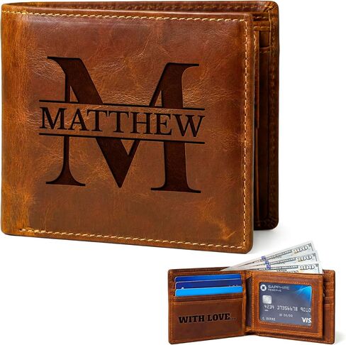 Personalized Slim Wallet for Men with Monogram Engraving, Engraved Card Holder with RFID Blocking, ID Window - Custom Minimalist Wallets for Husband, Boyfriend, Dad - Mens Gifts, Birthday Gift Idea in Saudi Arabia