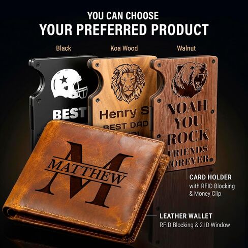 Personalized Slim Wallet for Men with Monogram Engraving, Engraved Card Holder with RFID Blocking, ID Window - Custom Minimalist Wallets for Husband, Boyfriend, Dad - Mens Gifts, Birthday Gift Idea in Saudi Arabia