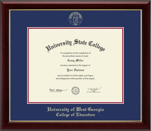 University of West Georgia College of Education 14" w x 11" h Diploma Frame - Fits a bachelor's and master's - Gold Embossed Diploma Frame - Cherry Moulding with Royal Blue and Red Matting in Kuwait