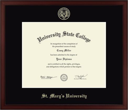 St. Mary's University 14" w x 11" h Diploma Frame - Fits a bachelor's, master's and phd - Gold Embossed Diploma Frame - Cherry Moulding with Black Matting - Officially Licensed in Kuwait