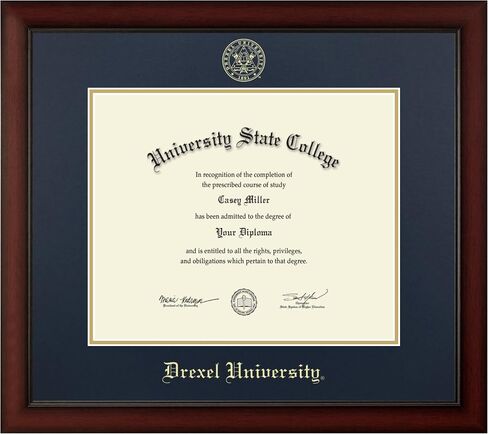 Drexel University 17" w x 14" h Diploma Frame - Fits a phd - Gold Embossed Diploma Frame - Cherry Moulding with Navy and Gold Matting - Officially Licensed in Kuwait