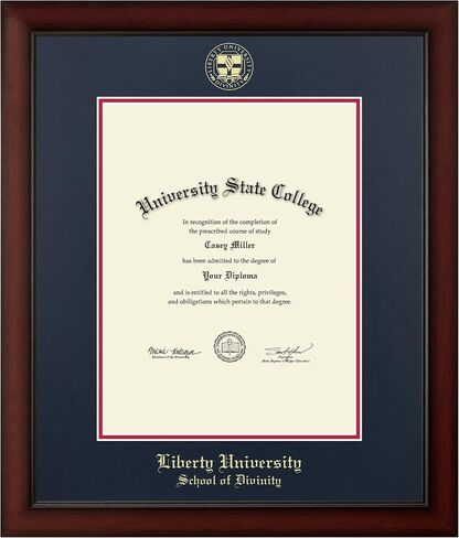 Liberty University School of Divinity 13" w x 17" h Diploma Frame - Fits a master's and phd - Gold Embossed Diploma Frame - Cherry Moulding with Navy and Red Matting - Officially Licensed in Kuwait