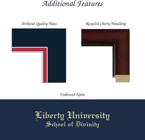 Liberty University School of Divinity 13" w x 17" h Diploma Frame - Fits a master's and phd - Gold Embossed Diploma Frame - Cherry Moulding with Navy and Red Matting - Officially Licensed in Kuwait