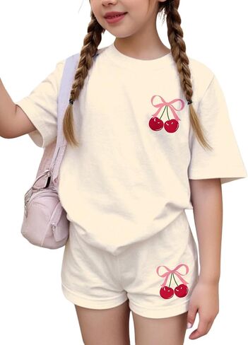 Girl's 2 Piece Outfits Cherry Graphic Tee Shirt and Shorts Set Cute Summer Clothes in Saudi Arabia