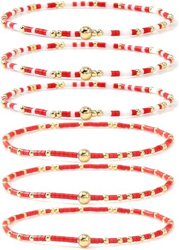 Gold Beaded Bracelets for Women Boho Stackable Colorful 14K Gold Plated Small Glass Seed Beads Bracelet Stack Non Tarnish Stretch Cute Jewelry Friendship New Year Christmas Gifts for Women in Kuwait