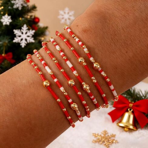 Gold Beaded Bracelets for Women Boho Stackable Colorful 14K Gold Plated Small Glass Seed Beads Bracelet Stack Non Tarnish Stretch Cute Jewelry Friendship New Year Christmas Gifts for Women in Kuwait