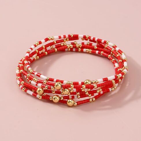 Gold Beaded Bracelets for Women Boho Stackable Colorful 14K Gold Plated Small Glass Seed Beads Bracelet Stack Non Tarnish Stretch Cute Jewelry Friendship New Year Christmas Gifts for Women in Kuwait