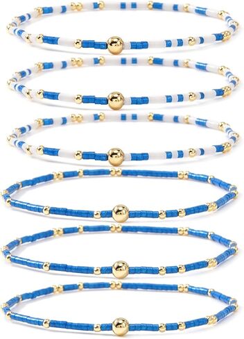 Gold Beaded Bracelets for Women Boho Stackable Colorful 14K Gold Plated Small Glass Seed Beads Bracelet Stack Non Tarnish Stretch Cute Jewelry Friendship New Year Christmas Gifts for Women in Kuwait