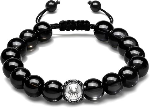 Zodiac Sign Bracelet with Obsidian & S925 Sterling Silver, Adjustable Unisex Bangle for Men Women, Couple Matching Gift, Anniversary Present for Him Her in Saudi Arabia