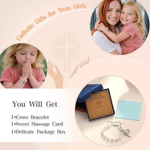 C-leen First Communion Gifts for Girls, Cross Bracelet First Holy Communion Favors Religious Jewelry for Teens, Christian Catholic Communion Confirmation Gifts Easter Basket Stuffers for Teen in Kuwait