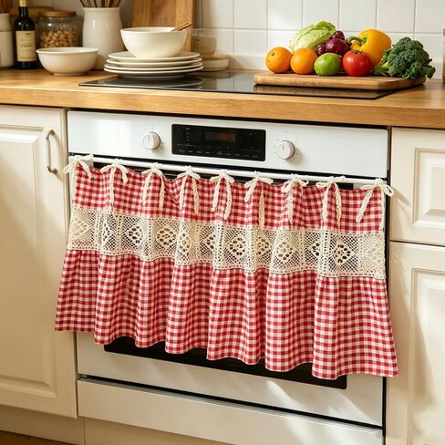 Vintage Red Gingham Kitchen Sink Oven Curtain, Farmhouse Tie Top Cafe Curtain with Bow Ties for Small Window, Country Tier Curtain for Cabinet Stove Decor 1 Panel (Red,W39 L20 inch) in Saudi Arabia
