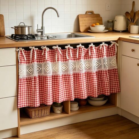 Vintage Red Gingham Kitchen Sink Oven Curtain, Farmhouse Tie Top Cafe Curtain with Bow Ties for Small Window, Country Tier Curtain for Cabinet Stove Decor 1 Panel (Red,W39 L20 inch) in Saudi Arabia